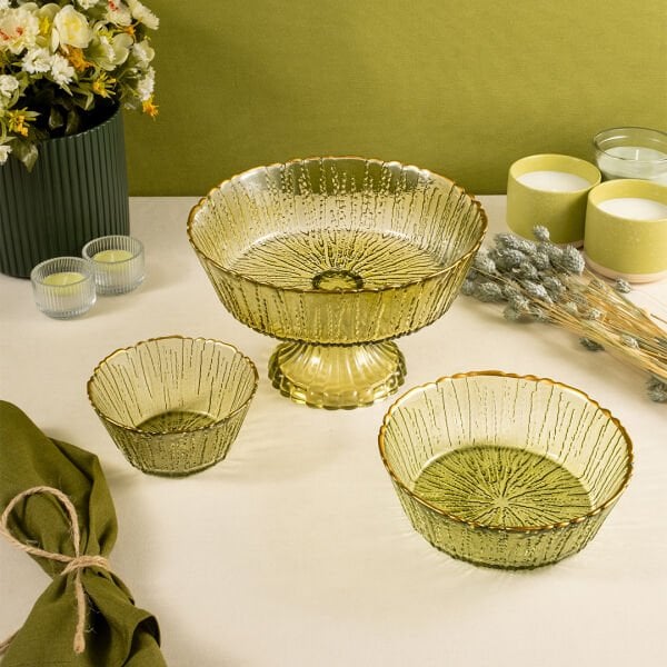 Fecra Rita 3'lü Cam Kase Seti Yeşil Altın Fileli