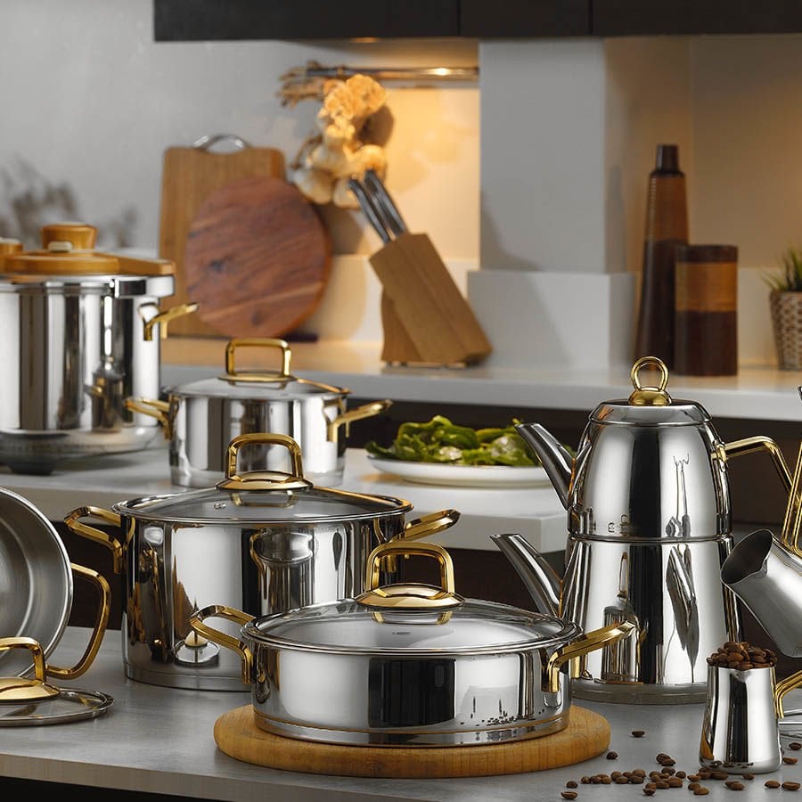 Kütahya Porselen Nil 18 Parça Çelik Tencere Çeyiz Seti Gold Kulp