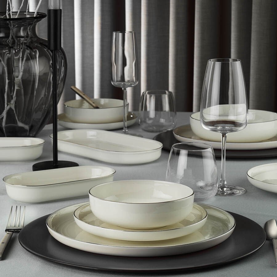 Kütahya Porselen Bone Moderna 26 Parça Platin Fileli Yemek Takımı