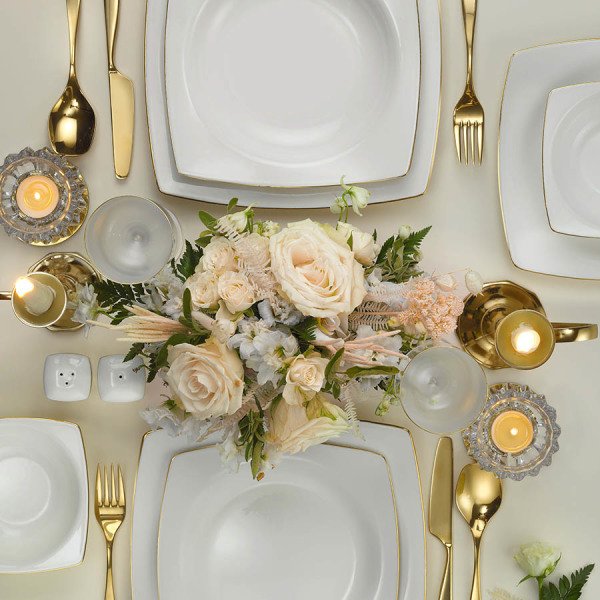 Kütahya Porselen 53 Parça İnci Bone Mare Altın Fileli Yemek Takımı