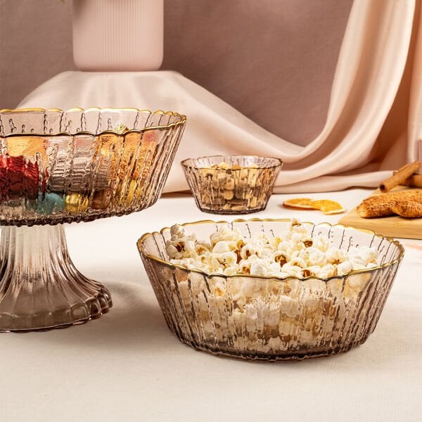 Fecra Rita 3'lü Cam Kase Seti Kahve Altın Fileli