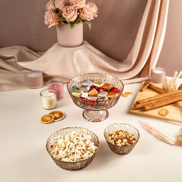 Fecra Rita 3'lü Cam Kase Seti Kahve Altın Fileli