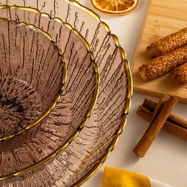 Fecra Rita 3'lü Cam Kase Seti Kahve Altın Fileli