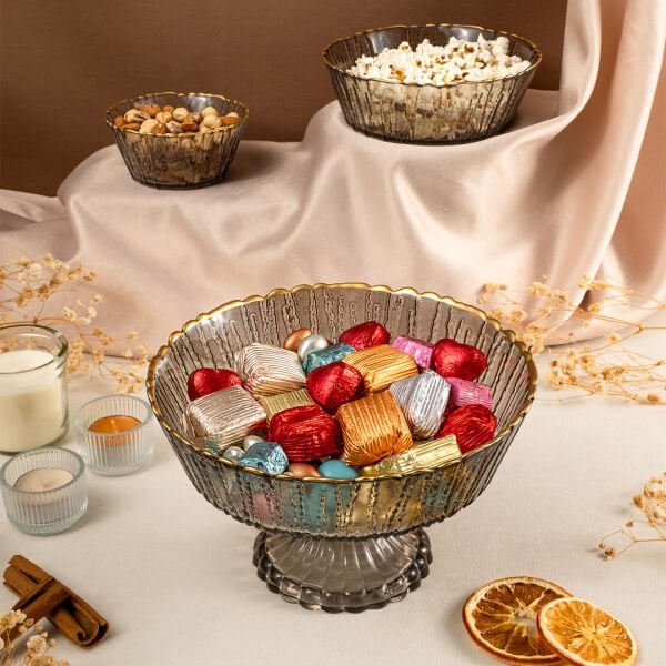 Fecra Rita 3'lü Cam Kase Seti Antrasit Altın Fileli