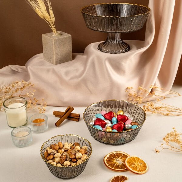 Fecra Rita 3'lü Cam Kase Seti Antrasit Altın Fileli