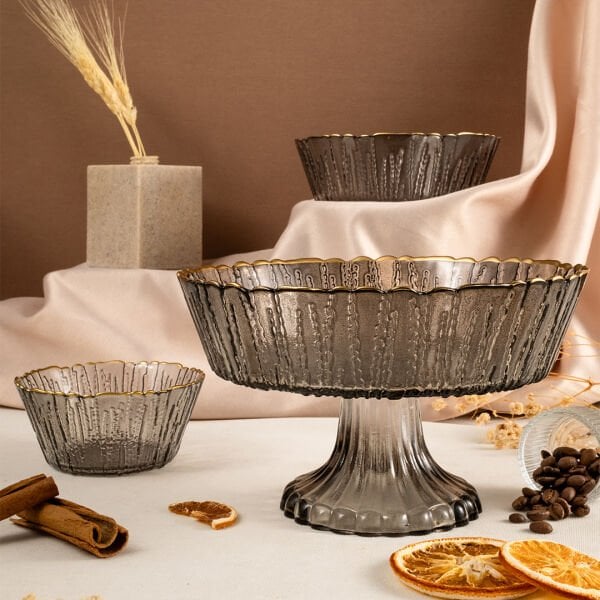 Fecra Rita 3'lü Cam Kase Seti Antrasit Altın Fileli