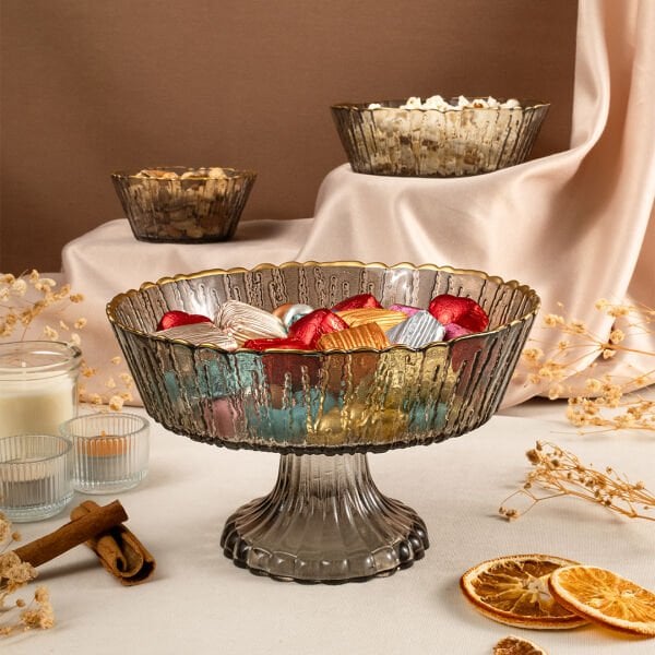 Fecra Rita 3'lü Cam Kase Seti Antrasit Altın Fileli