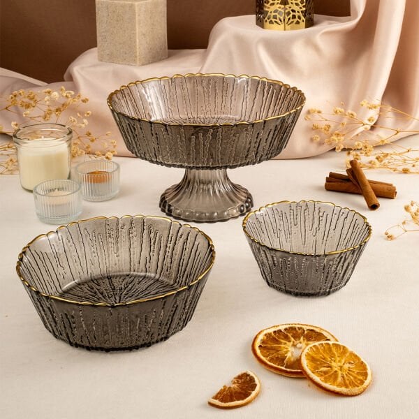 Fecra Rita 3'lü Cam Kase Seti Antrasit Altın Fileli