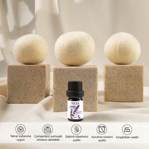 Fecra Zıpzıp 3’lü XL Yün Kurutma Topu + Lavanta Yağı – %100 Organik Doğal Çamaşır Yumuşatıcı