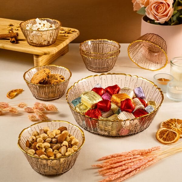 Fecra Fladen 7 Parça Kase Seti Kahve Gold Fileli