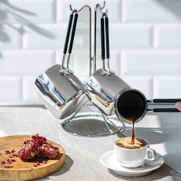 Nehir Modern Askı Standlı 4 Parça Çelik Cezve Seti