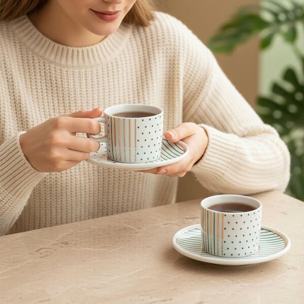 Güral Porselen Mental 4 Parça Çay Fincan Takımı  Yeşil 6548