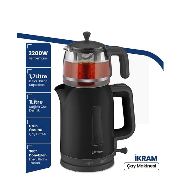 GoldMaster İkram 2200w Cam Demlikli Çay Makinesi Siyah BY 5313