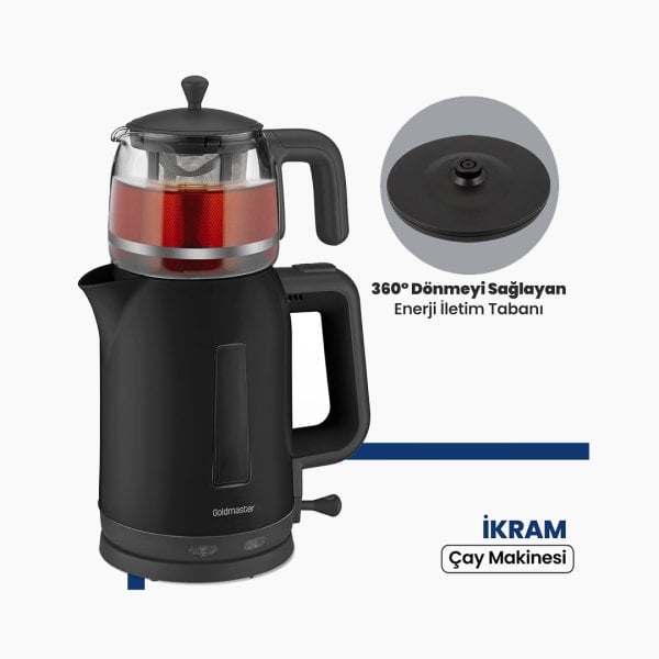 GoldMaster İkram 2200w Cam Demlikli Çay Makinesi Siyah BY 5313