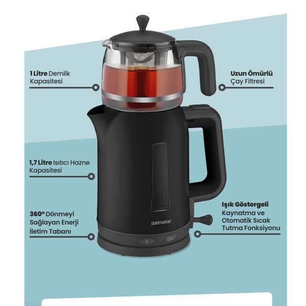 GoldMaster İkram 2200w Cam Demlikli Çay Makinesi Siyah BY 5313