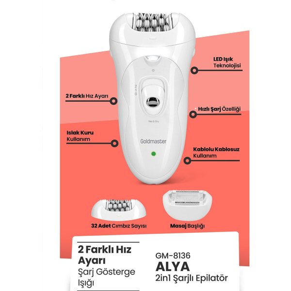 GoldMaster Alya Şarjlı Islak Kuru Led Işıklı 2in1 Epilatör Ve Masaj Başlığı Epilasyon Cihazı GM 8136