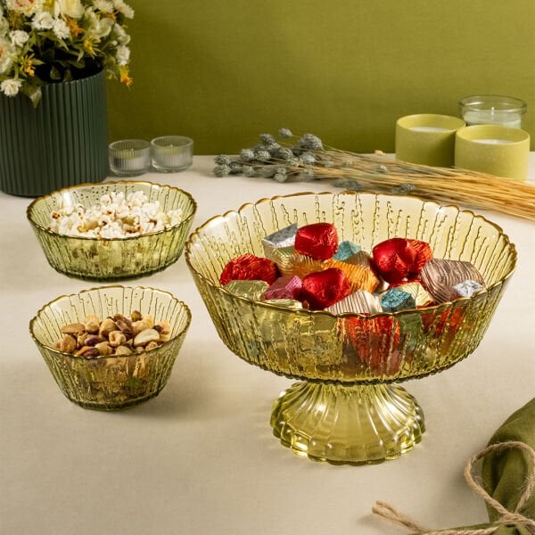 Fecra Rita 3'lü Cam Kase Seti Yeşil Altın Fileli