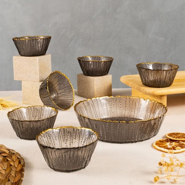 Fecra Fladen 7 Parça Kase Seti Antrasit Gold Fileli