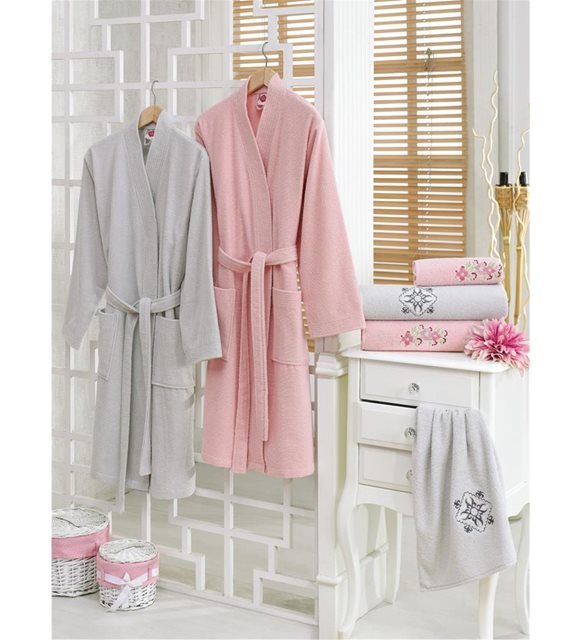 Cotton Box Nakışlı Aile Bornoz Seti Pudra Gri