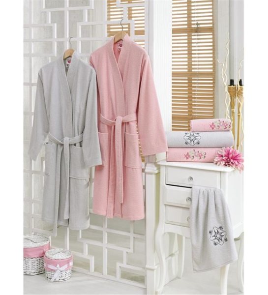 Cotton Box Nakışlı Aile Bornoz Seti Pudra Gri
