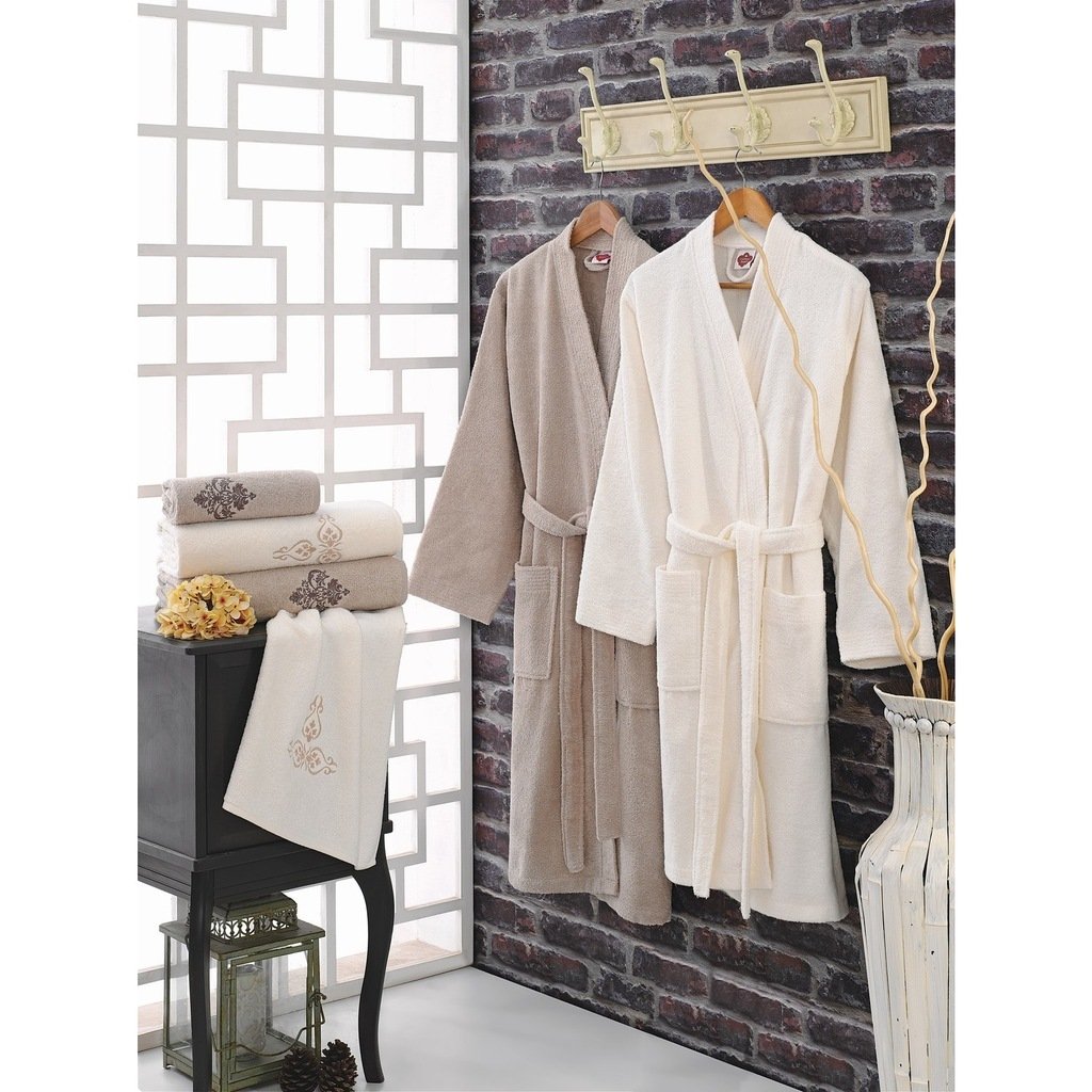 Cotton Box Nakışlı Aile Bornoz Seti Krem Toprak