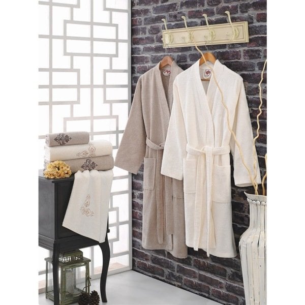 Cotton Box Nakışlı Aile Bornoz Seti Krem Toprak