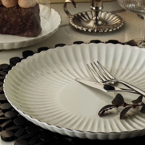 Kütahya Porselen Bone Luz Form 52 Parça Yemek Takımı Platin Fileli