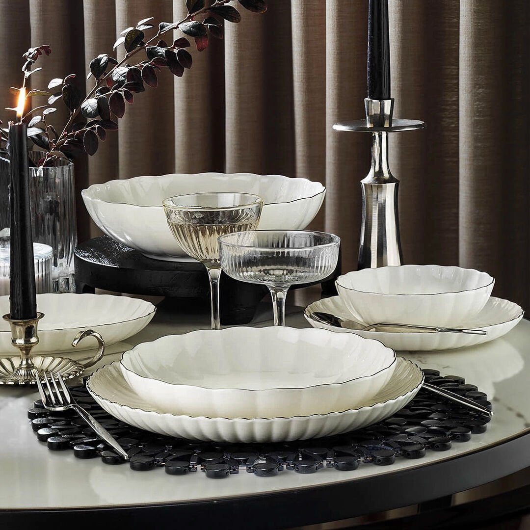 Kütahya Porselen Bone Luz Form 52 Parça Yemek Takımı Platin Fileli