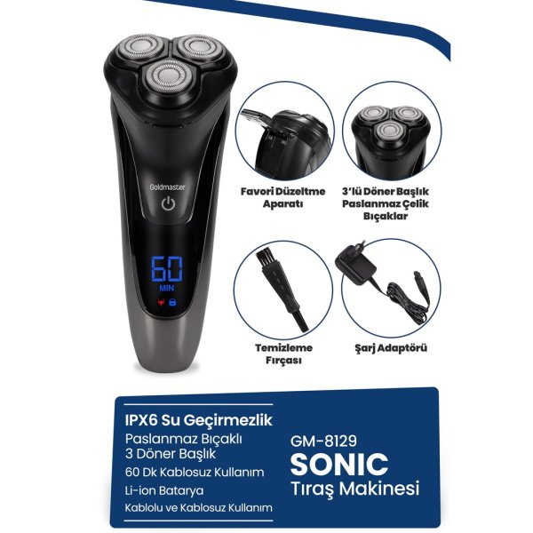 GoldMaster Sonic Dijital Ekranlı Esnek Oynar Başlıklı Ipx6 Islak&kuru Şarjlı Tıraş Makinesi GM8129