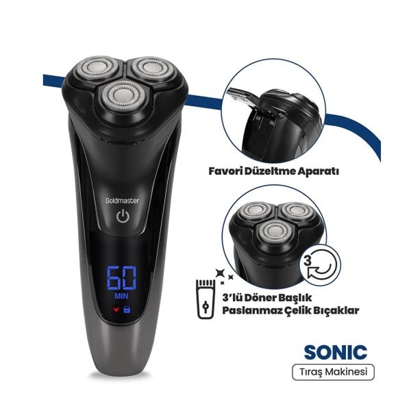 GoldMaster Sonic Dijital Ekranlı Esnek Oynar Başlıklı Ipx6 Islak&kuru Şarjlı Tıraş Makinesi GM8129