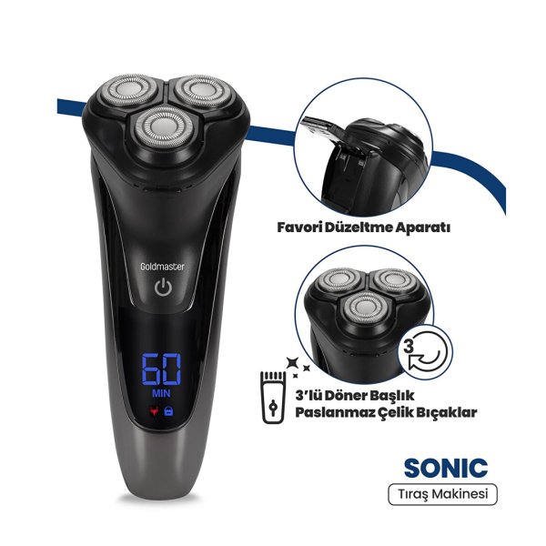 GoldMaster Sonic Dijital Ekranlı Esnek Oynar Başlıklı Ipx6 Islak&kuru Şarjlı Tıraş Makinesi GM8129