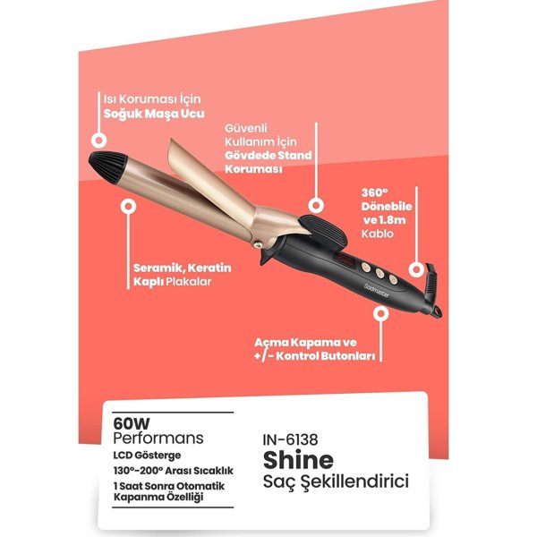 GoldMaster Shine Dijital Göstergeli Seramik Plakalı 25 Mm Saç Şekillendirici Maşa Gold IN6136