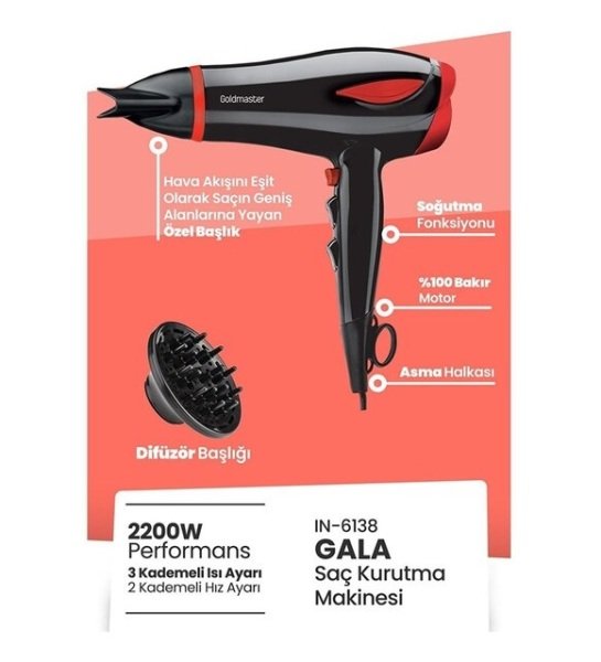 GoldMaster Gala 2200 Watt Difüzör Başlıklı Kademeli Saç Kurutma Fön Makinesi Kırmızı IN-6138