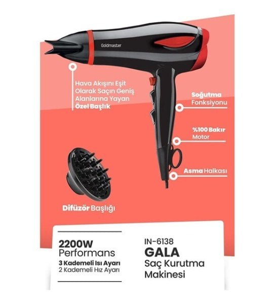 GoldMaster Gala 2200 Watt Difüzör Başlıklı Kademeli Saç Kurutma Fön Makinesi Kırmızı IN-6138