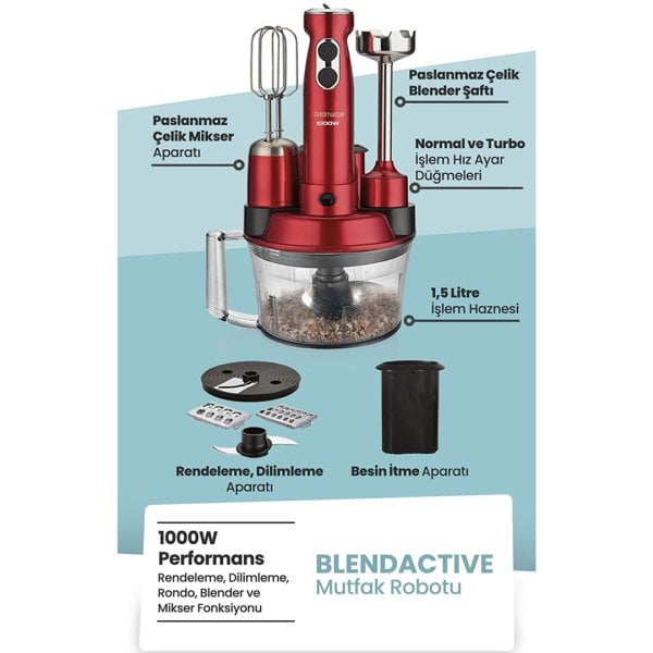 Goldmaster Blendactive 1000 Watt 5 In 1 Mutfak Robotu Multi Blender Seti Vişne Kırmızı