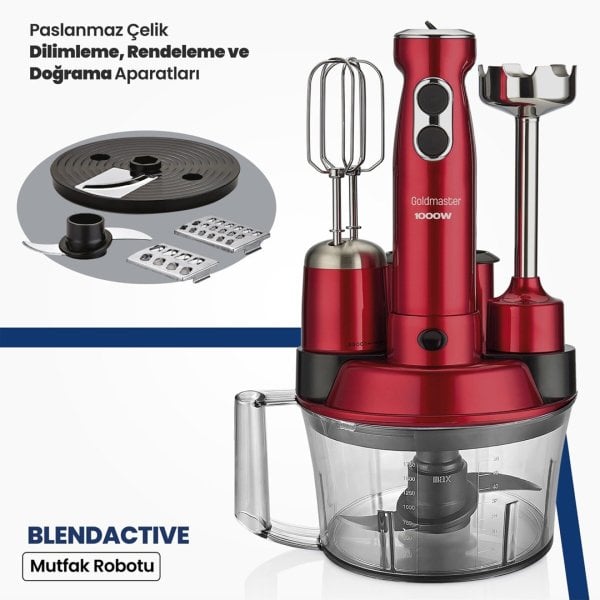 Goldmaster Blendactive 1000 Watt 5 In 1 Mutfak Robotu Multi Blender Seti Vişne Kırmızı