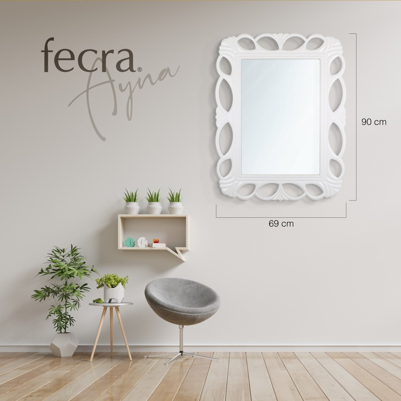 Fecra Aşil 69x90 Dekoratif Beyaz Çerçeveli Ayna