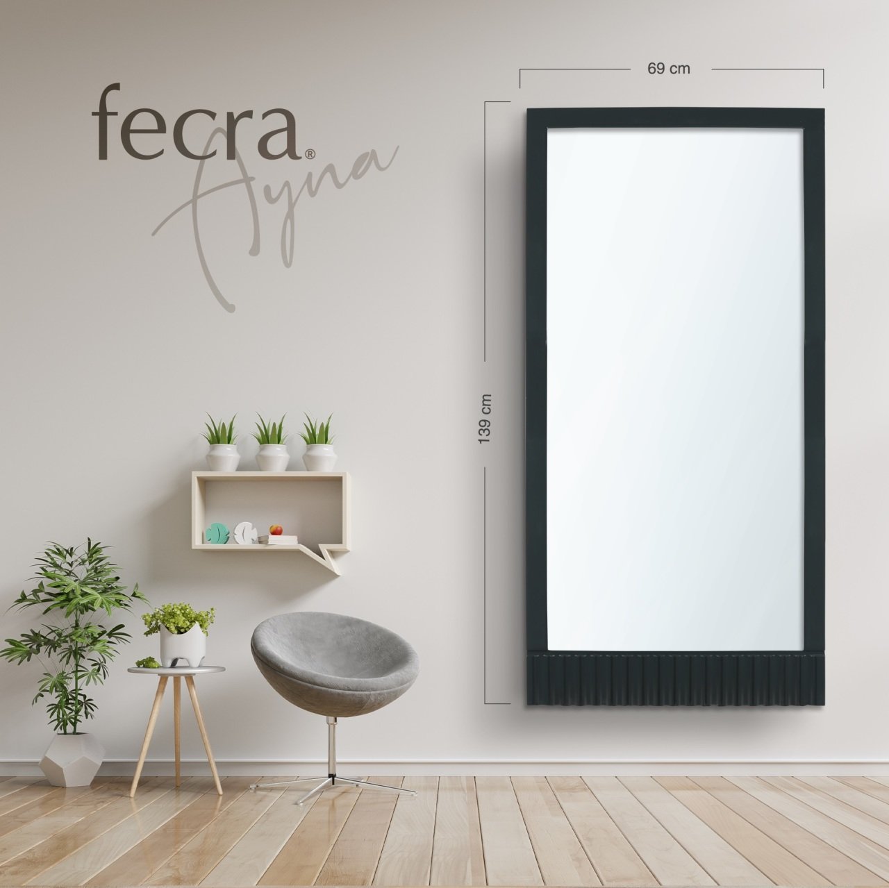 Fecra Andra 69x139 Cm Dekoratif Büyük Çizgi Desenli Büyük Boy Siyah Çerçeveli Ayna