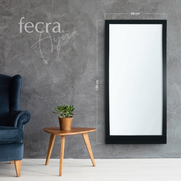 Fecra Andra  69x139 Cm Dekoratif İnci Çizgi Desenli Büyük Boy Siyah Çerçeveli Ayna
