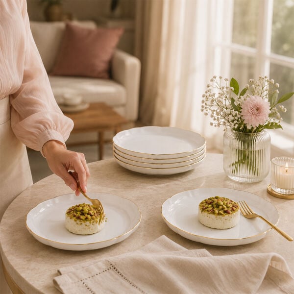 Kütahya Porselen Bone Camila 6 Parça 20 Cm Pasta Tabağı Seti Altın Fileli