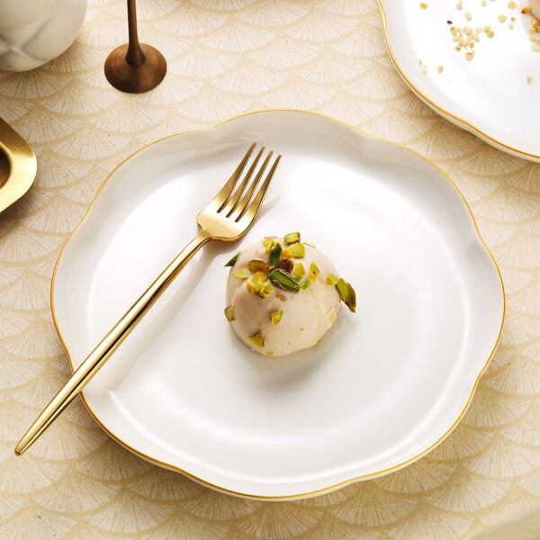 Kütahya Porselen Bone Camila 6 Parça 20 Cm Pasta Tabağı Seti Altın Fileli