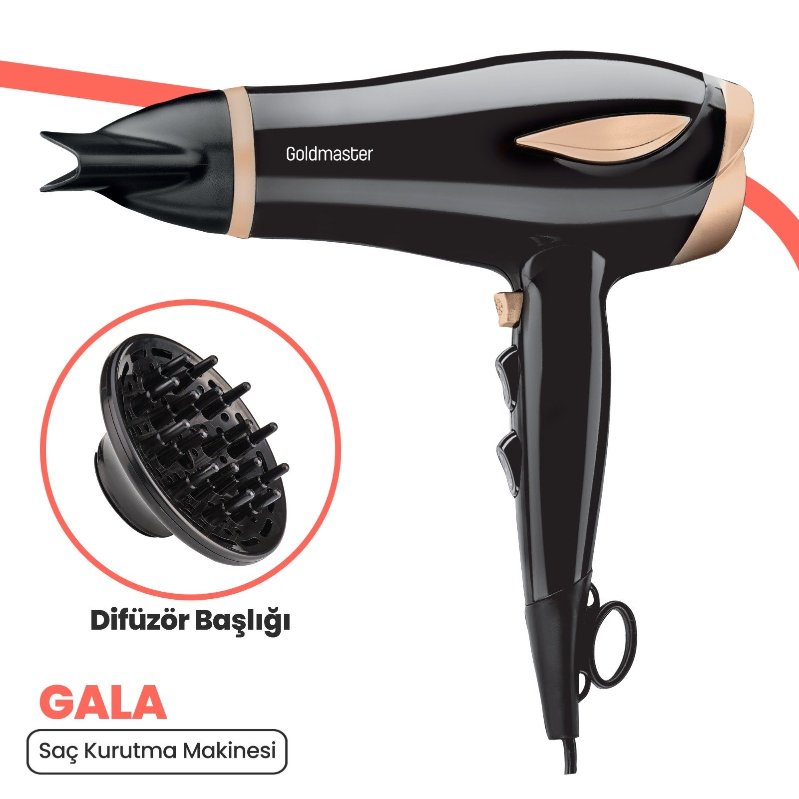 GoldMaster Gala 2200 Watt Difüzör Başlıklı Kademeli Saç Kurutma Fön Makinesi Gold IN-6138