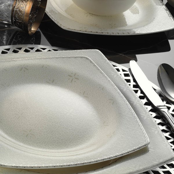 Kütahya Porselen Bone Mare 62 Parça 1136420 Desen Platin Fileli Yemek Takımı