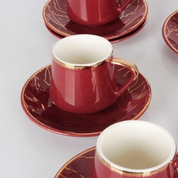 Acar Sesamos Mermer Desen 6 Kişilik Kahve Fincan Takımı - Bordo