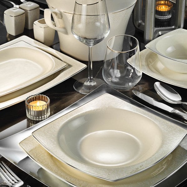 Kütahya Porselen Bone Mare 62 Parça 1107620 Desen Platin Fileli Yemek Takımı
