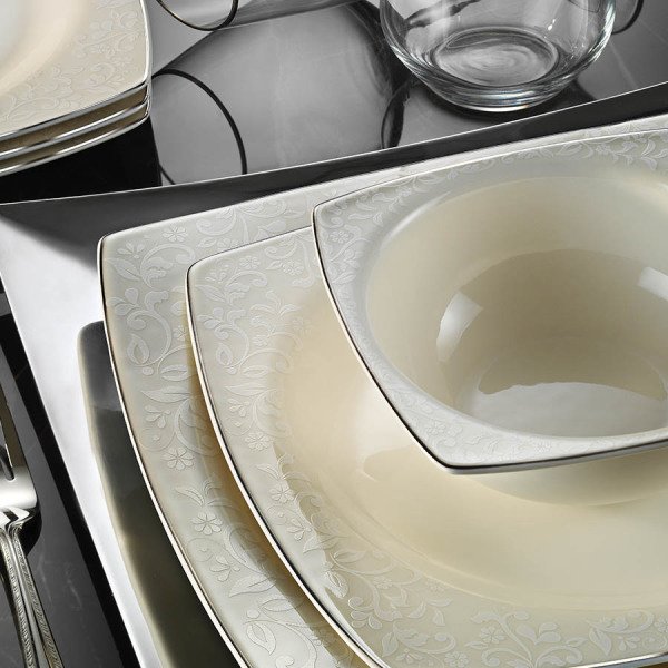 Kütahya Porselen Bone Mare 62 Parça 1107620 Desen Platin Fileli Yemek Takımı
