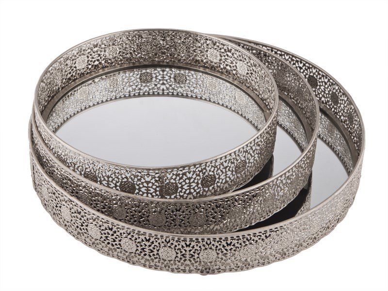 Biev FJN044 // Silver 3llü Yuvarlak Tepsi L:35 cm