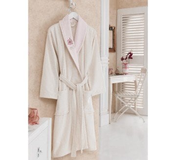 Cotton Box Daily Nakışlı Bukle Bornoz Ekru - Pudra S/M