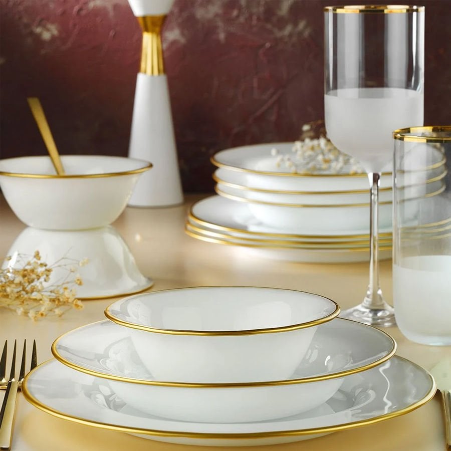Fecra Glare Beyaz Gold Fileli 18 Parça Yemek Takımı