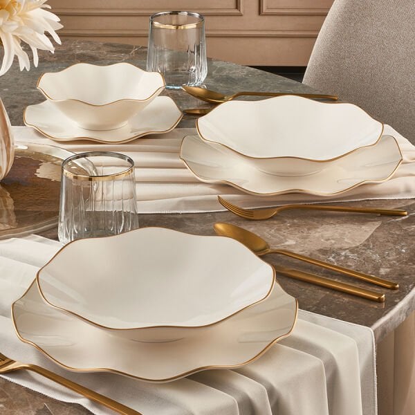 Güral Porselen Nesrin 24 Parça 6 Kişilik Bone Yemek Takımı Gold